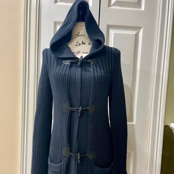 SAKS FIFTH AVENUE CARDIGAN HOODED SWEATER FISHERMAN CHUNKY 100% COTTON NAVY BLUE - Picture 8 of 14